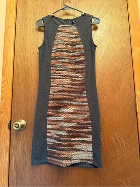 Sleeveless Knit-Panel Sheath Dress in Charcoal and Multicolor